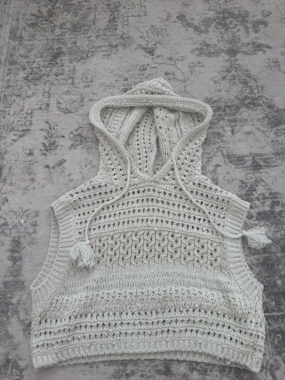 Zara Cream Sleeveless Hooded Crochet Knit Top- Size S